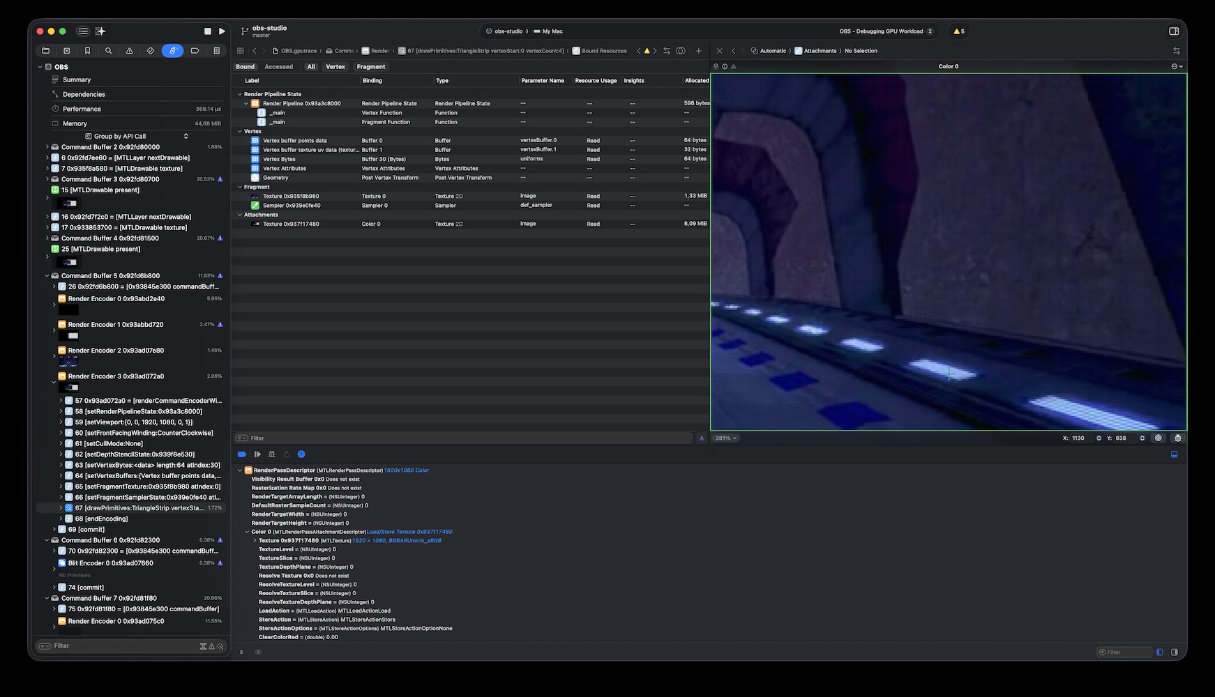Screenshot of Xcode profiling rendered frames by OBS Studio with bound resources view open.